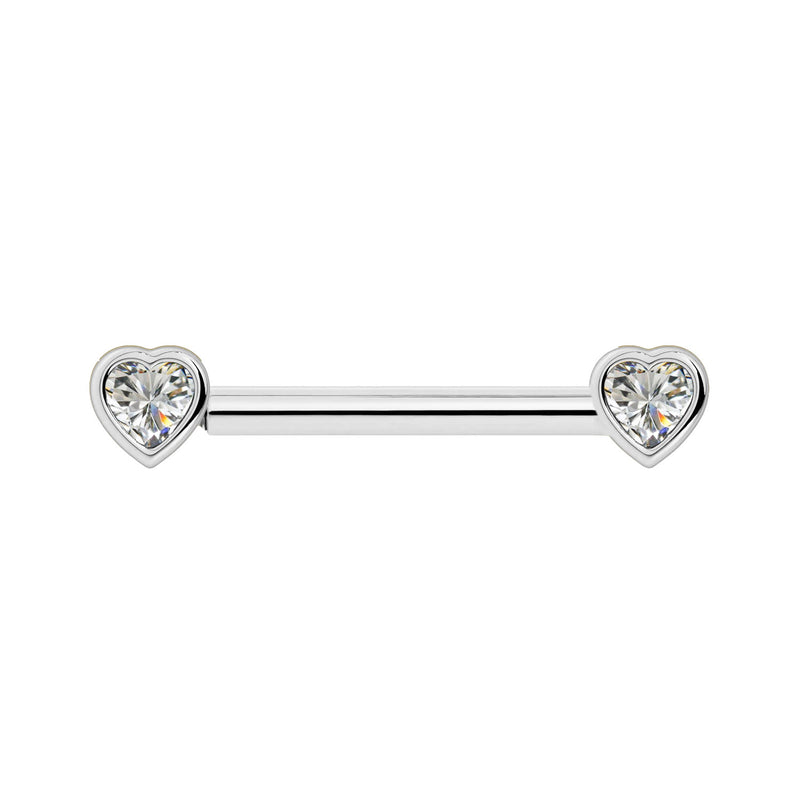 14k white gold diamond heart nipple barbell with dual bezel-set heart diamonds, front view