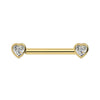 14k yellow gold diamond heart nipple barbell with bezel-set heart-shaped diamonds, front view