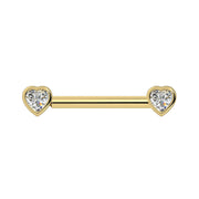 14k yellow gold diamond heart nipple barbell with bezel-set heart-shaped diamonds, front view