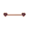 14k rose gold rhodolite garnet heart nipple barbell with bezel-set raspberry gemstones, front view