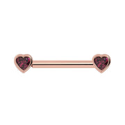 14k rose gold rhodolite garnet heart nipple barbell with bezel-set raspberry gemstones, front view