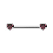 14k white gold rhodolite garnet heart nipple barbell with bezel-set raspberry gemstones, front view