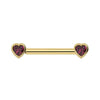 14k yellow gold rhodolite garnet heart nipple barbell with bezel-set raspberry gemstones, front view
