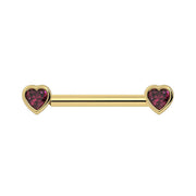 14k yellow gold rhodolite garnet heart nipple barbell with bezel-set raspberry gemstones, front view