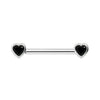 14k white gold nipple barbell with bezel-set black onyx heart stones on each end, front view