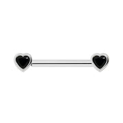 14k white gold nipple barbell with bezel-set black onyx heart stones on each end, front view
