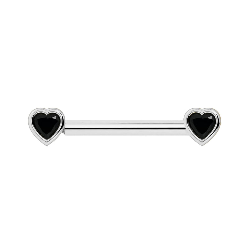 14k white gold nipple barbell with bezel-set black onyx heart stones on each end, front view