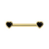 14k yellow gold nipple barbell with bezel-set black onyx heart stones on each end, front view
