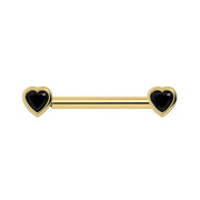 14k yellow gold nipple barbell with bezel-set black onyx heart stones on each end, front view