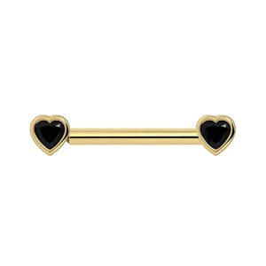 14k yellow gold nipple barbell with bezel-set black onyx heart stones on each end, front view