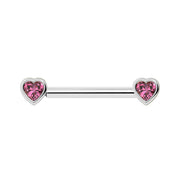 14k white gold nipple barbell with dual bezel-set heart pink sapphire ends, front view