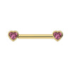 14k yellow gold nipple barbell with bezel-set heart-shaped pink sapphire ends, front view