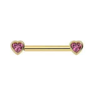 14k yellow gold nipple barbell with bezel-set heart-shaped pink sapphire ends, front view