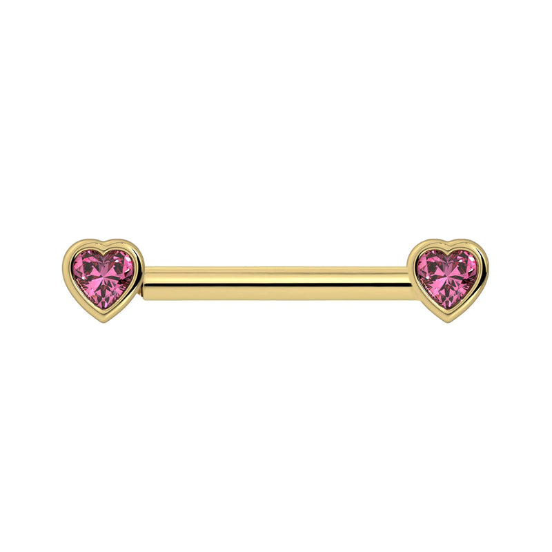 14k yellow gold nipple barbell with bezel-set heart-shaped pink sapphire ends, front view