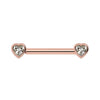 14k rose gold nipple barbell with heart-shaped white sapphire bezel ends, front view