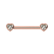 14k rose gold nipple barbell with heart-shaped white sapphire bezel ends, front view