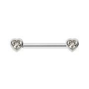 14k white gold nipple barbell with dual bezel-set heart white sapphire ends, front view