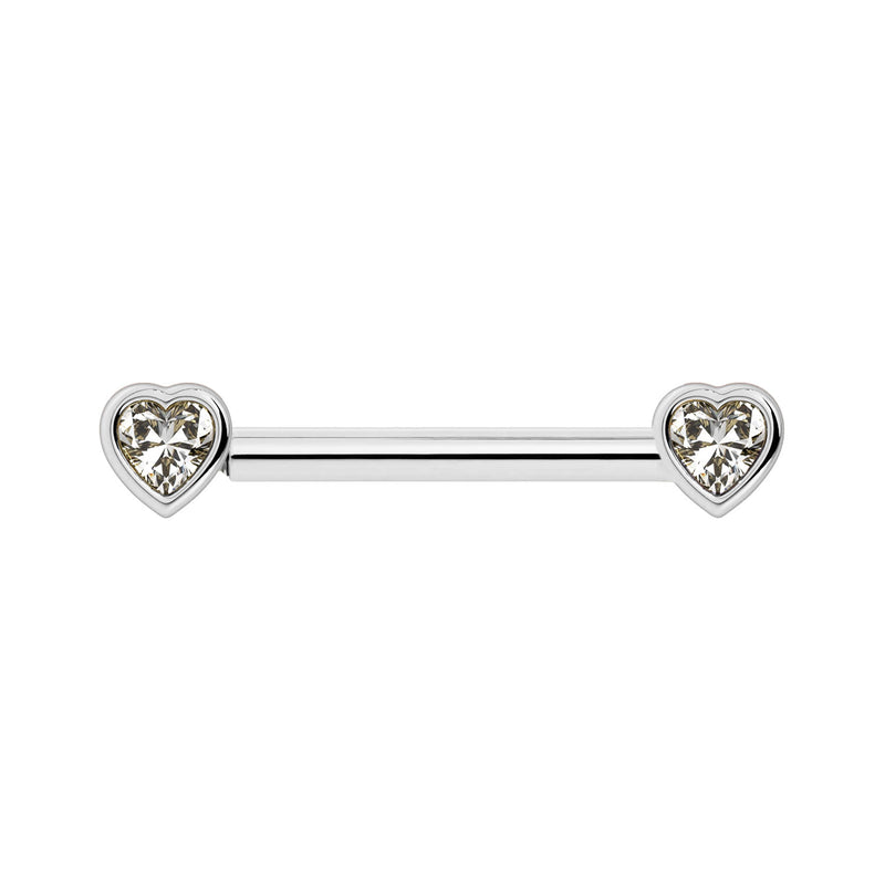 14k white gold nipple barbell with dual bezel-set heart white sapphire ends, front view