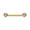 14k yellow gold nipple barbell with bezel-set heart-shaped white sapphires on each end, front view