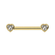 14k yellow gold nipple barbell with bezel-set heart-shaped white sapphires on each end, front view