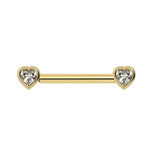 14k yellow gold nipple barbell with bezel-set heart-shaped white sapphires on each end, front view