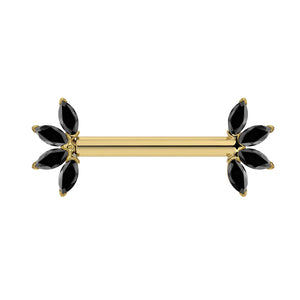 14K yellow gold nipple barbell with marquise-cut black diamond fan ends, front view