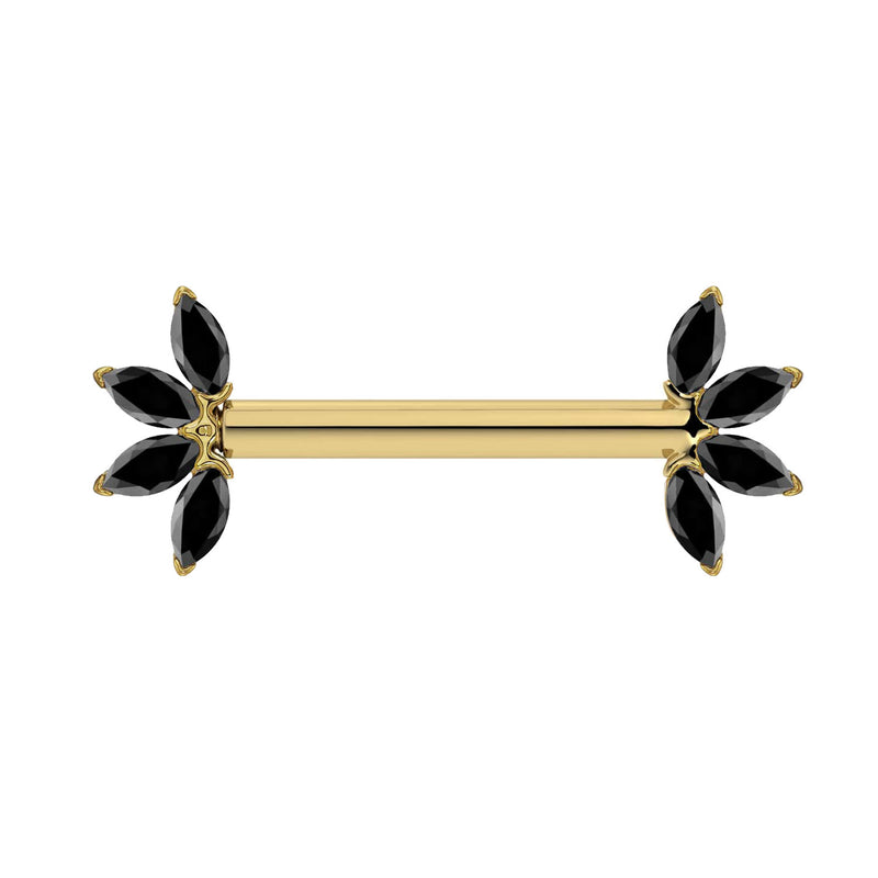 14K yellow gold nipple barbell with marquise-cut black diamond fan ends, front view