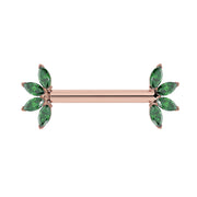 14K rose gold nipple barbell with marquise-cut emerald fan ends, warm pink gold barbell front view