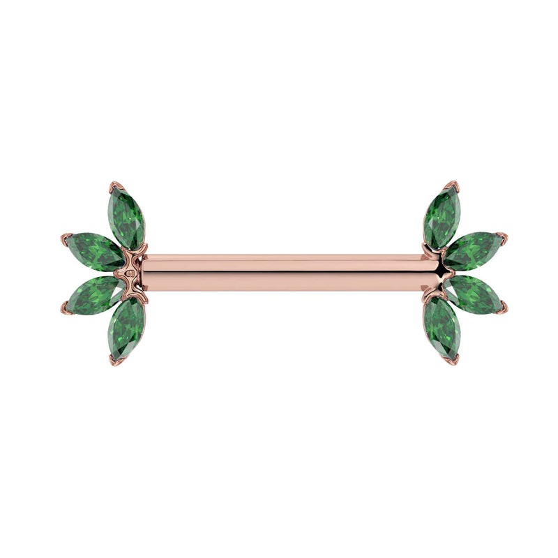 14K rose gold nipple barbell with marquise-cut emerald fan ends, warm pink gold barbell front view