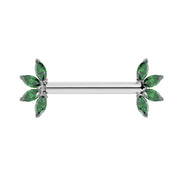 14K white gold nipple barbell with marquise emerald fan ends, front view showing silver-toned setting