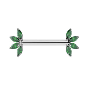 14K white gold nipple barbell with marquise emerald fan ends, front view showing silver-toned setting