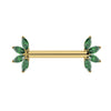 14K yellow gold nipple barbell with marquise-cut emerald fan ends, front view on white background