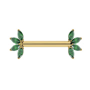14K yellow gold nipple barbell with marquise-cut emerald fan ends, front view on white background