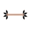 14K rose gold nipple barbell with marquise-cut black diamond fan ends, front view
