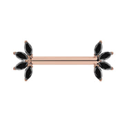 14K rose gold nipple barbell with marquise-cut black diamond fan ends, front view