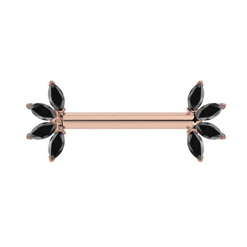 14K rose gold nipple barbell with marquise-cut black diamond fan ends, front view
