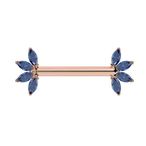 14K rose gold nipple barbell with blue sapphire marquise fan ends, front view