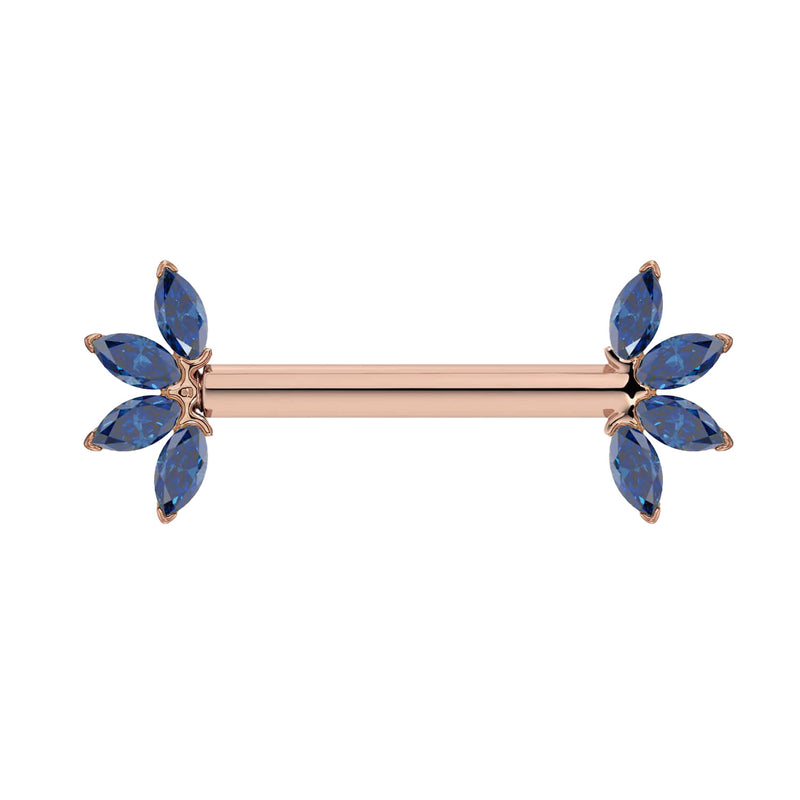 14K rose gold nipple barbell with blue sapphire marquise fan ends, front view