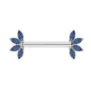 14K white gold nipple barbell with marquise-cut sapphire fan ends, front view