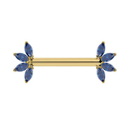 14K yellow gold nipple barbell with marquise-cut sapphire fan ends, front view