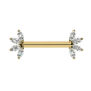 14k yellow gold diamond marquise fan nipple barbell, front view showing dual flower-shaped ends