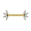 14k yellow gold marquise CZ fan nipple barbell, front view showing dual flower-shaped CZ ends