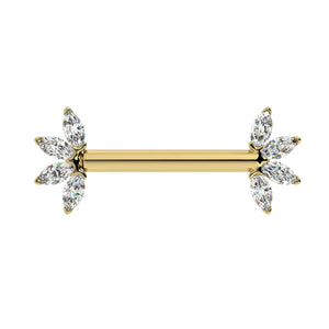 14k yellow gold marquise CZ fan nipple barbell, front view showing dual flower-shaped CZ ends