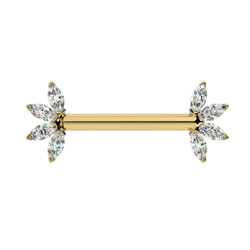 14k yellow gold marquise CZ fan nipple barbell, front view showing dual flower-shaped CZ ends