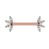 14k rose gold marquise CZ fan nipple barbell, front view highlighting warm pink gold tone and CZ fans