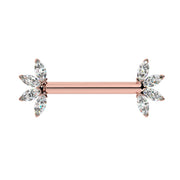 14k rose gold marquise CZ fan nipple barbell, front view highlighting warm pink gold tone and CZ fans