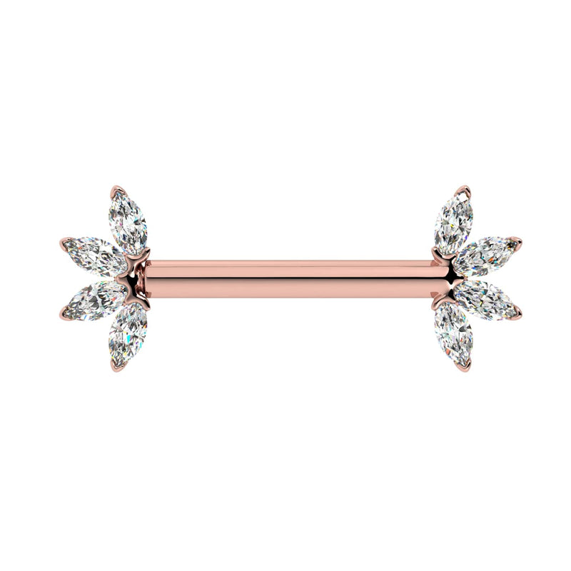 14k rose gold marquise CZ fan nipple barbell, front view highlighting warm pink gold tone and CZ fans