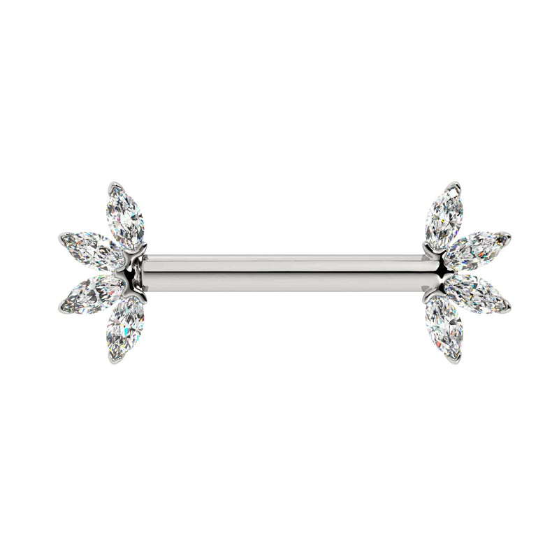 14k white gold diamond marquise fan nipple barbell, front view with dual starburst diamond ends