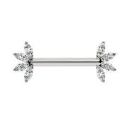 14k white gold marquise CZ fan nipple barbell, front view with polished straight post and sparkling ends