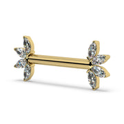Angled side view of 14k yellow gold diamond marquise fan nipple barbell showing barbell depth